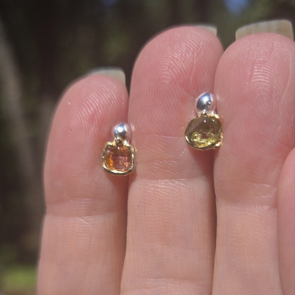 Tourmaline Natural Gemstone Sterling & Gold Earrings - Picture 4 of 8
